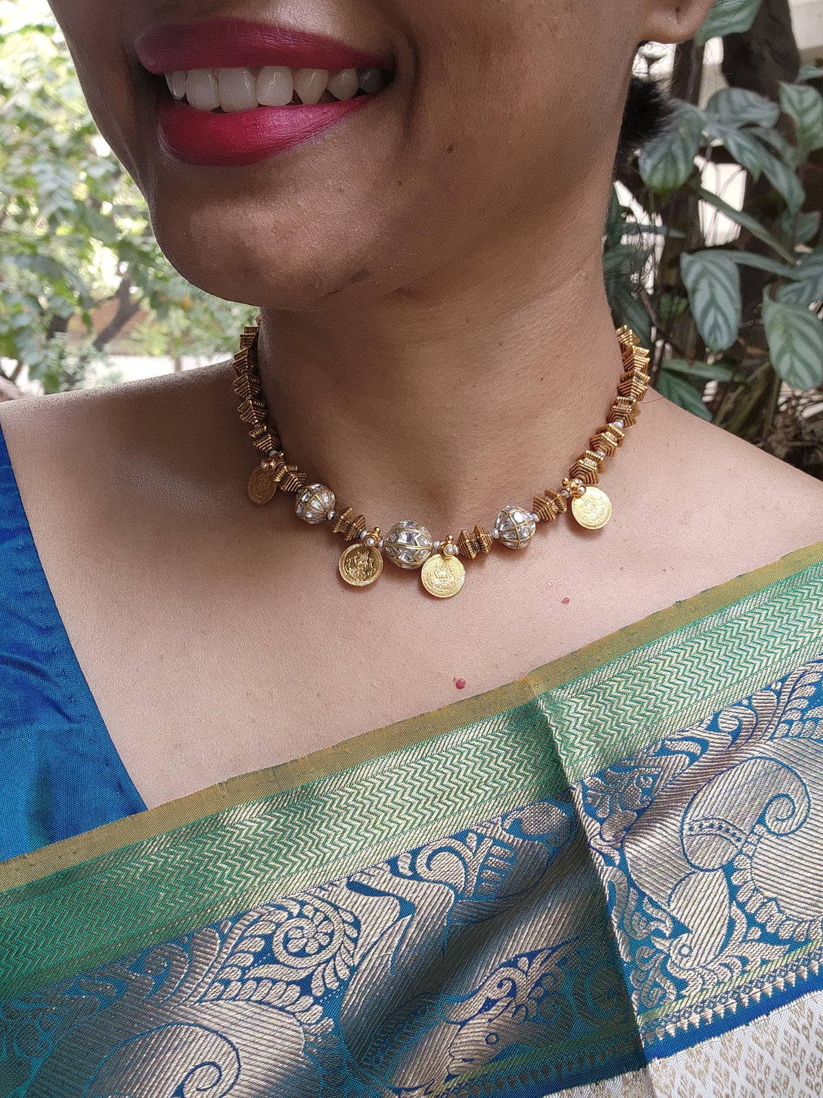 Kundan & antique style beads with kasu pendant necklace-Silver Neckpiece-PL-House of Taamara