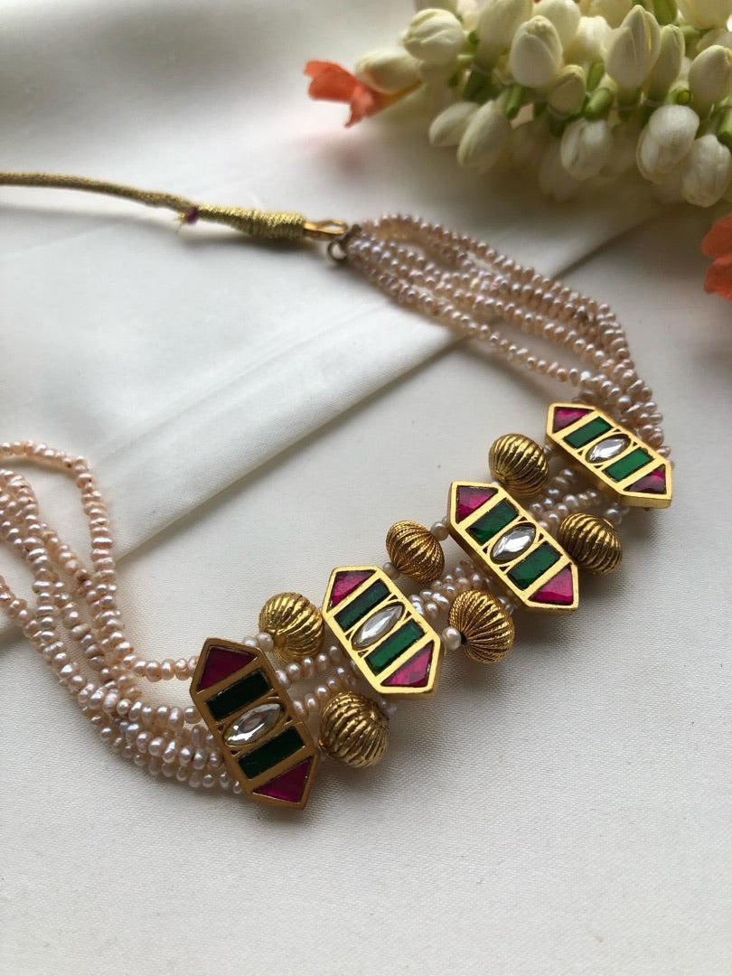 Kundan & antique style beads with pearls choker-Silver Neckpiece-PL-House of Taamara
