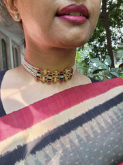 Kundan & antique style beads with pearls choker-Silver Neckpiece-PL-House of Taamara