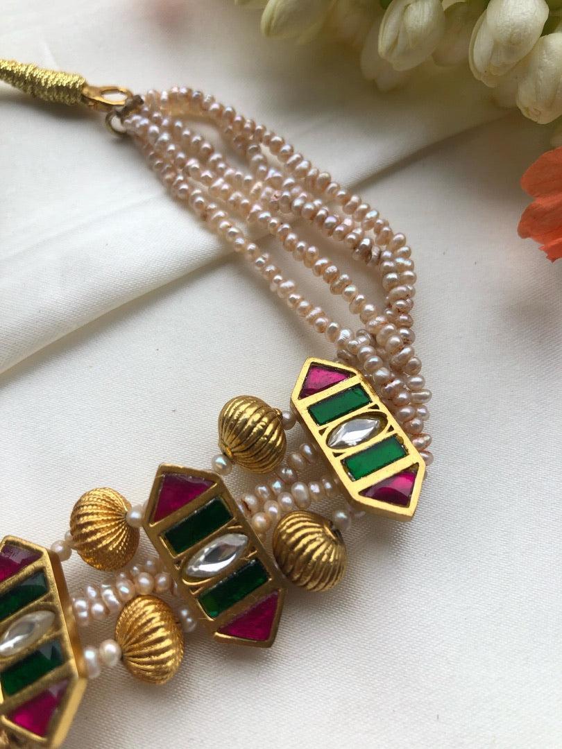 Kundan & antique style beads with pearls choker-Silver Neckpiece-PL-House of Taamara