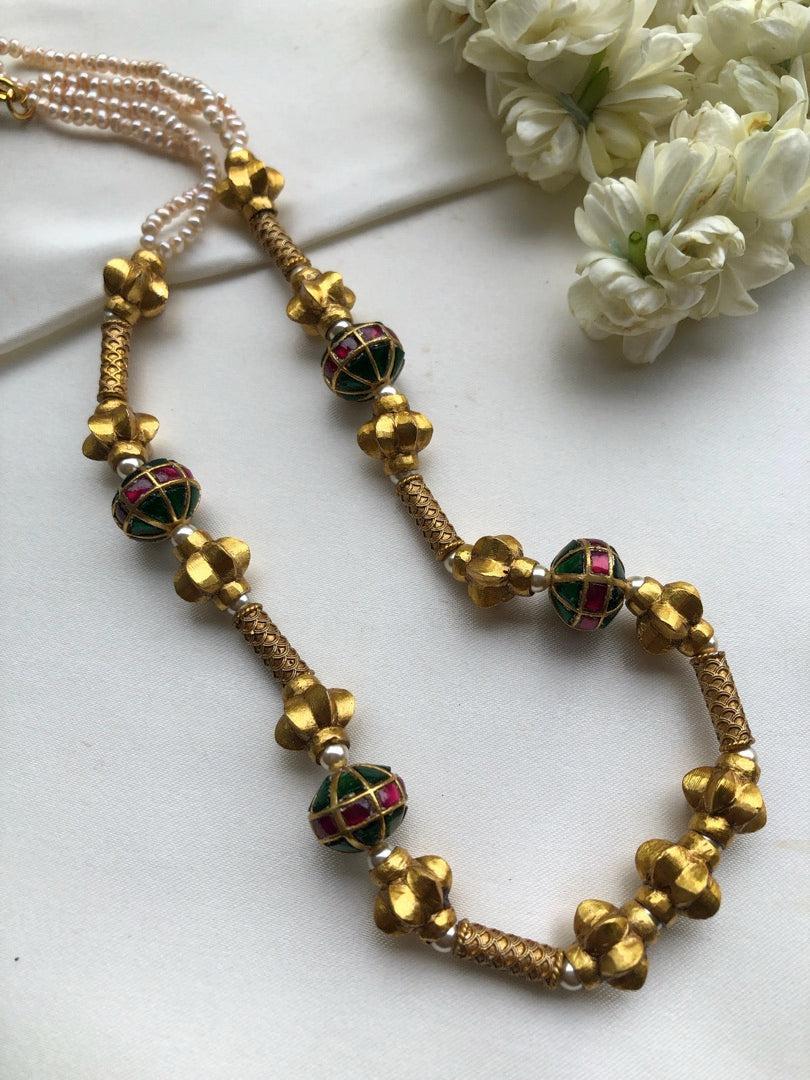 Kundan beads with antique pieces and pearls mala-Silver Neckpiece-PL-House of Taamara