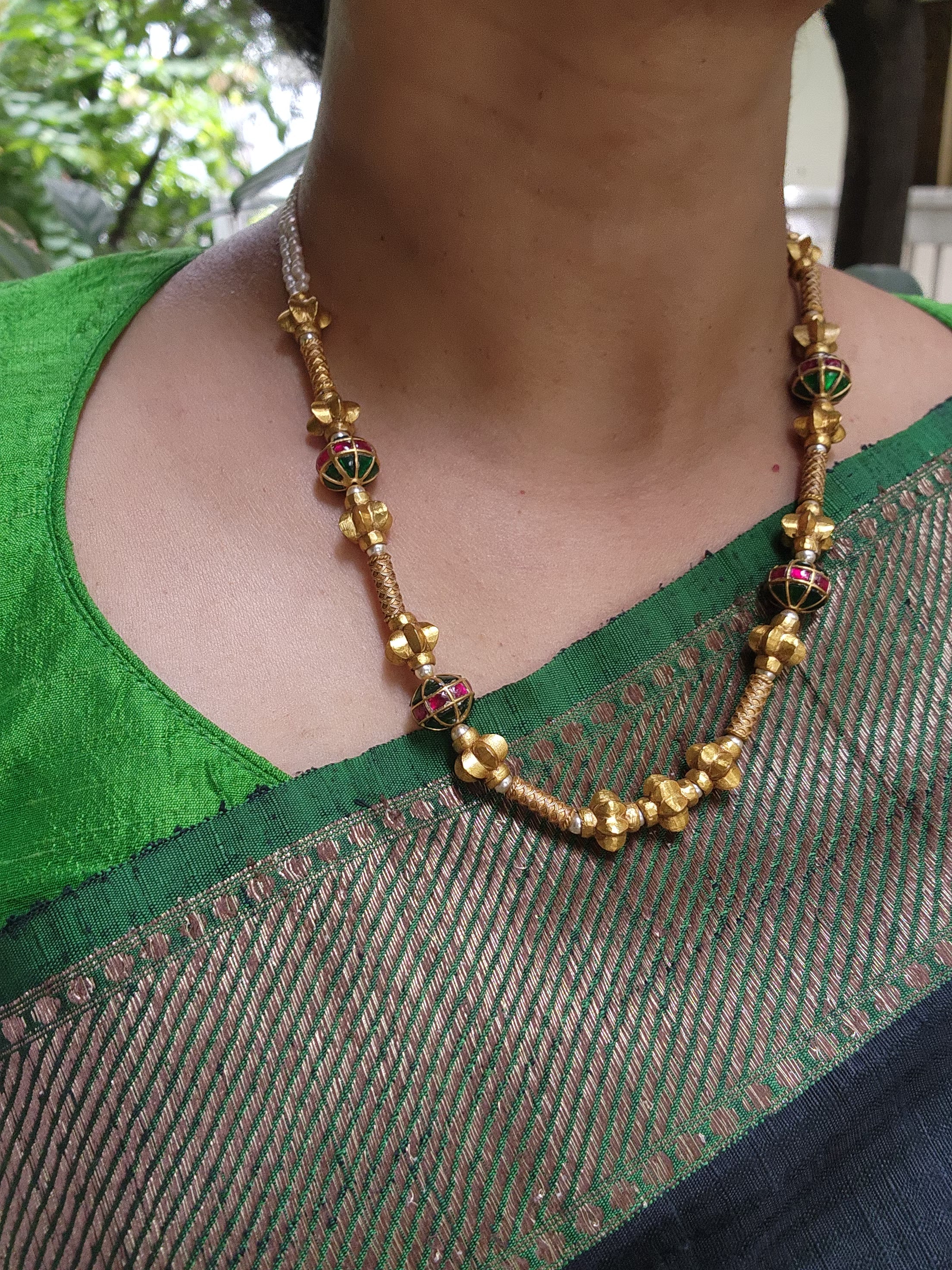 Kundan beads with antique pieces and pearls mala-Silver Neckpiece-PL-House of Taamara