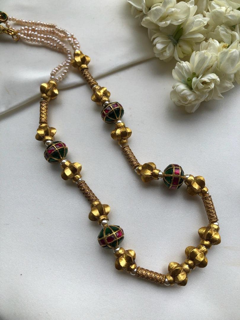 Kundan beads with antique pieces and pearls mala-Silver Neckpiece-PL-House of Taamara