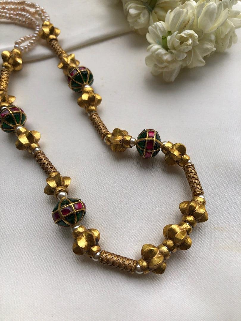 Kundan beads with antique pieces and pearls mala-Silver Neckpiece-PL-House of Taamara