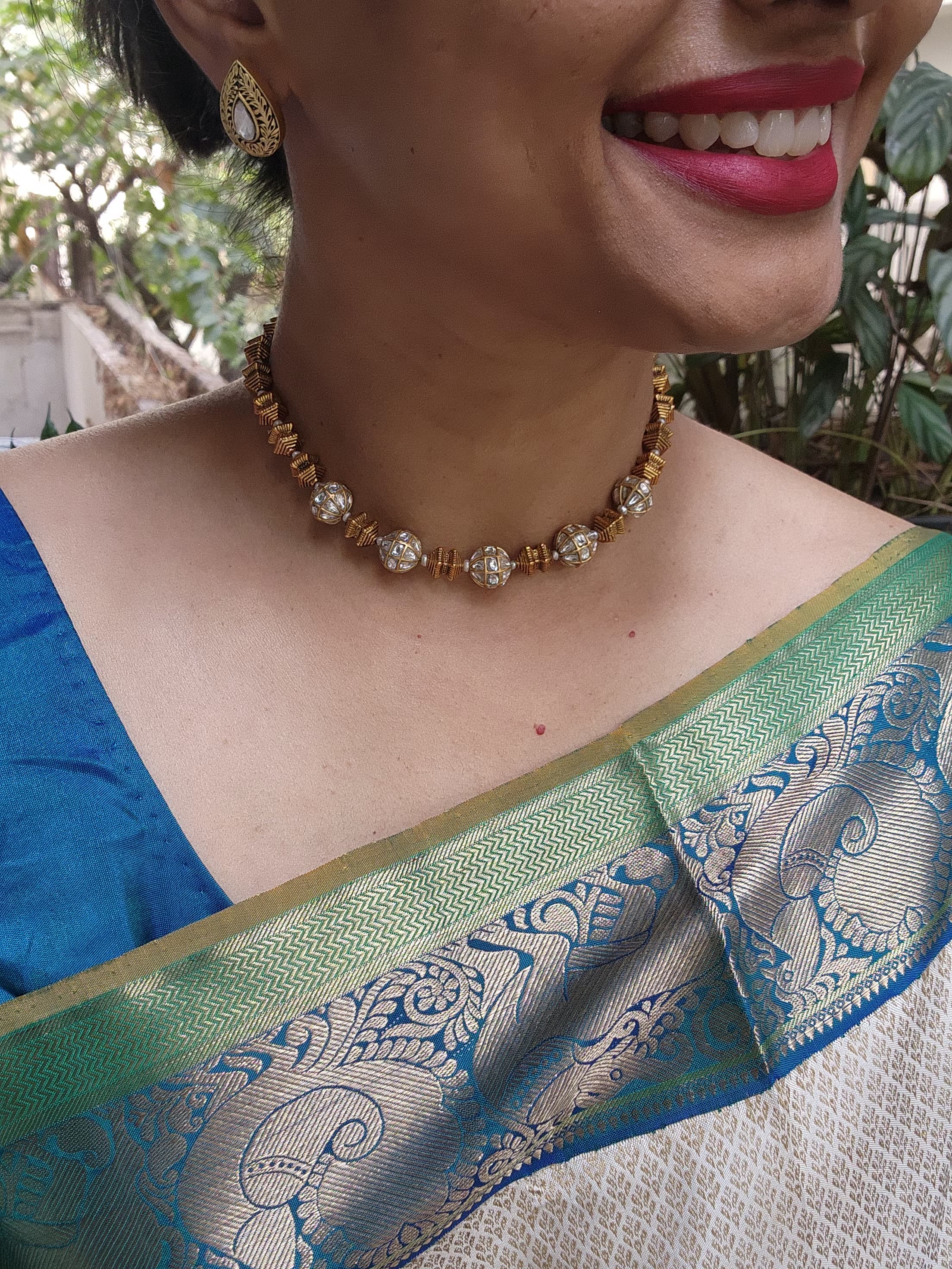 Kundan beads with antique style gundu mala-Silver Neckpiece-PL-House of Taamara