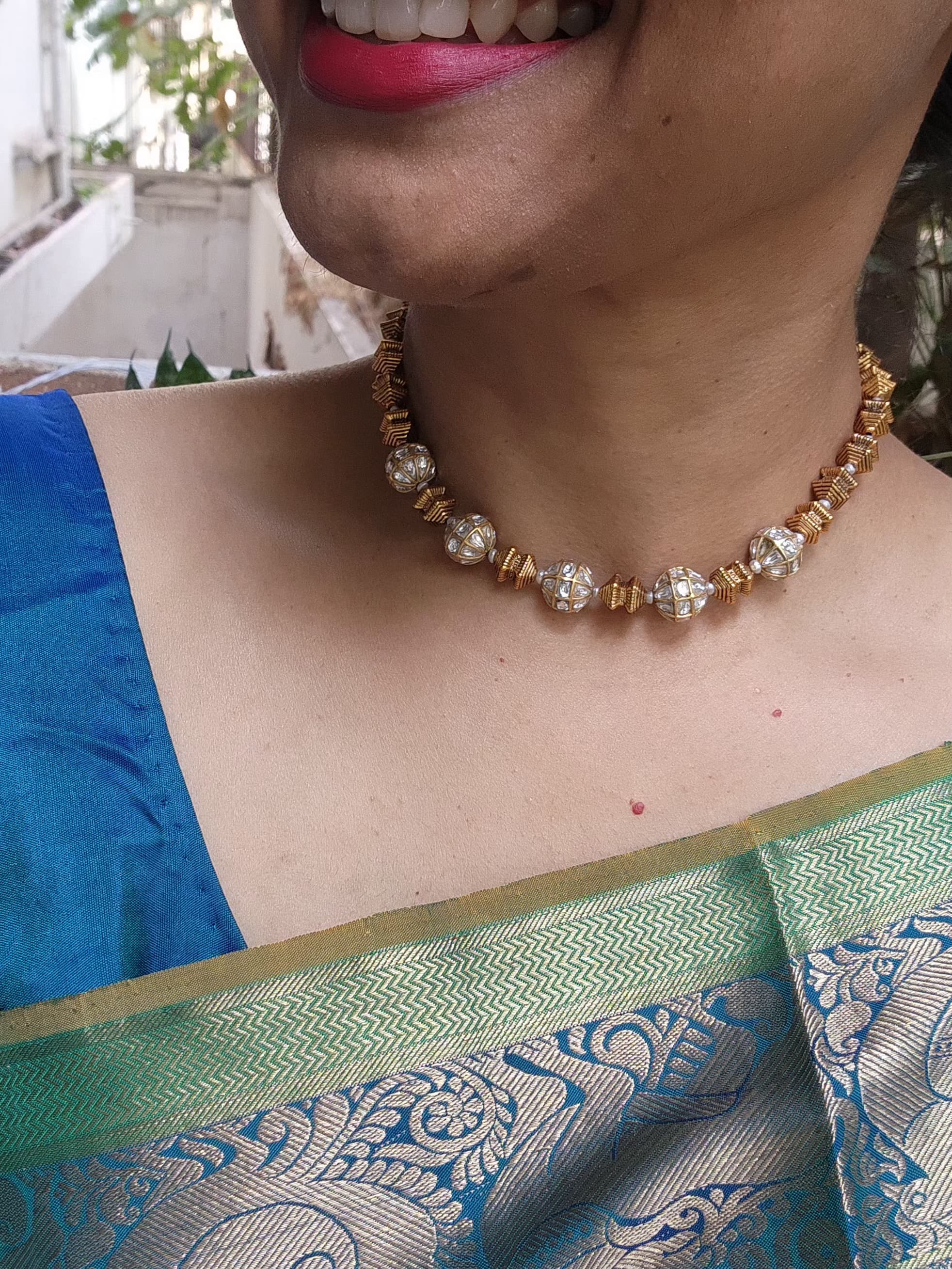 Kundan beads with antique style gundu mala-Silver Neckpiece-PL-House of Taamara