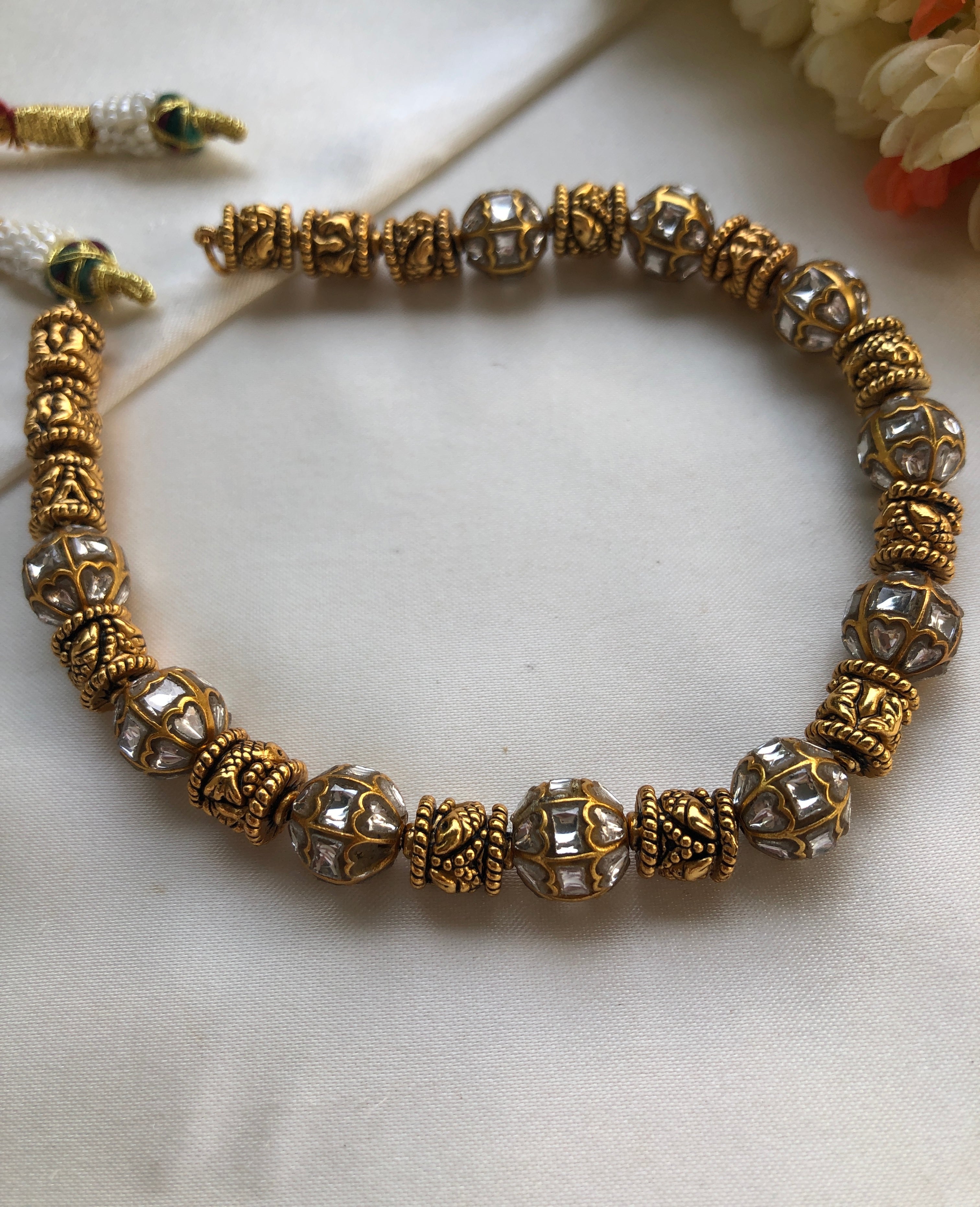Kundan beads with cylindrical antique style beads-Silver Neckpiece-PL-House of Taamara