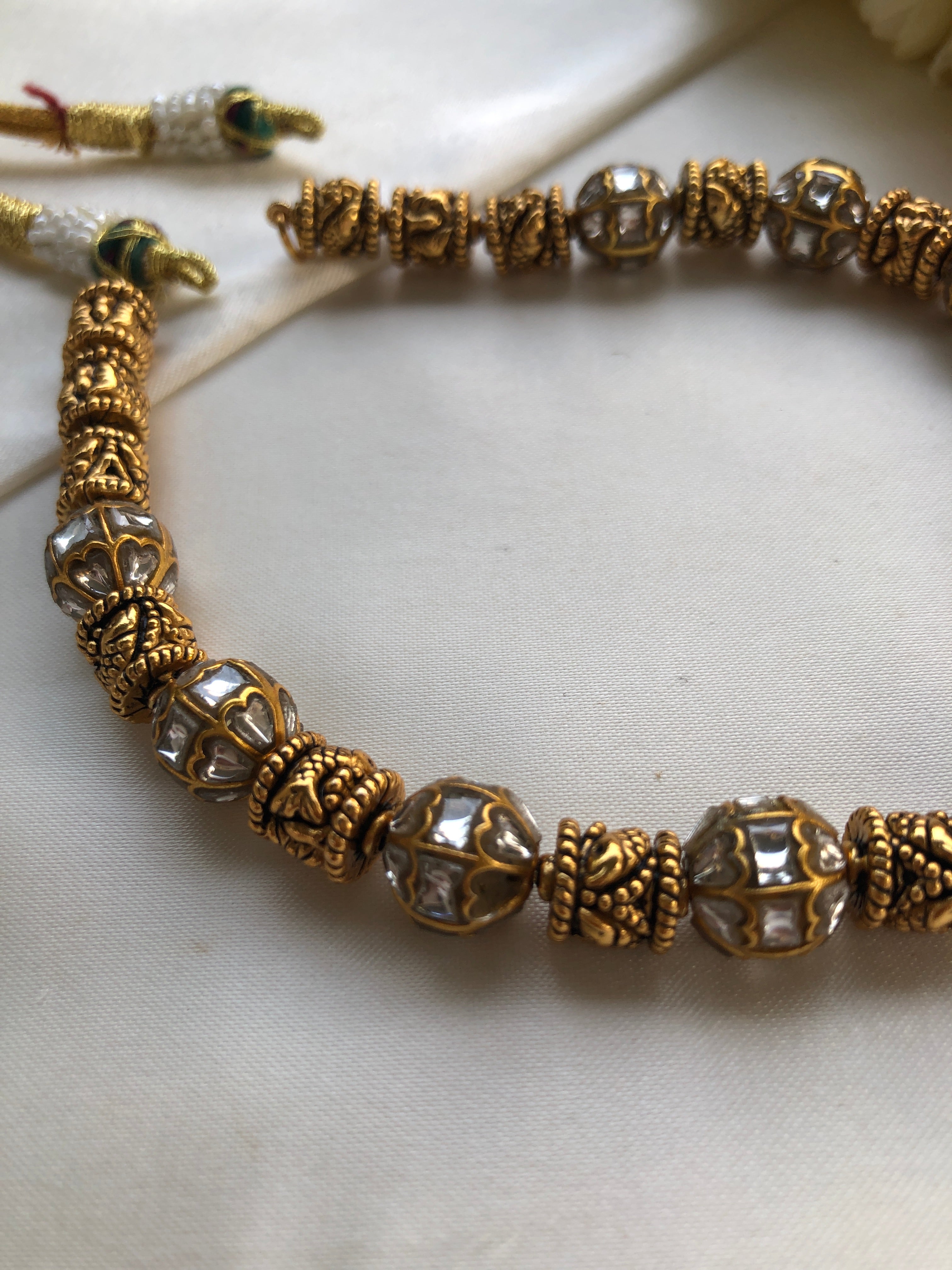 Kundan beads with cylindrical antique style beads-Silver Neckpiece-PL-House of Taamara