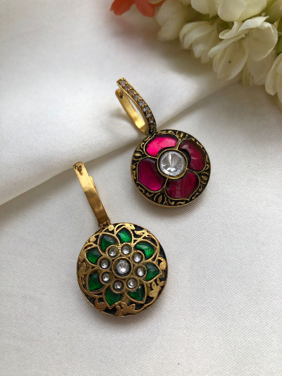 Kundan big flower ruby zircon reversible earrings-Earrings-PL-House of Taamara