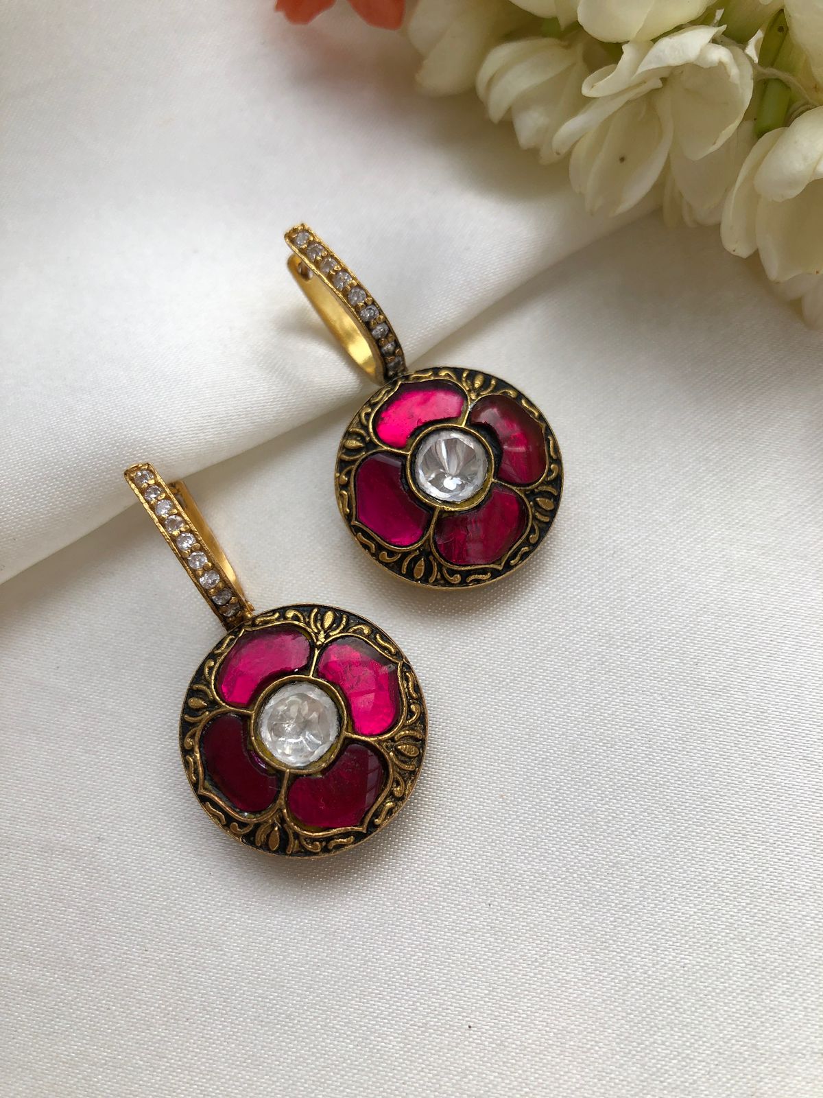 Kundan big flower ruby zircon reversible earrings (Made to order)-Earrings-PL-House of Taamara