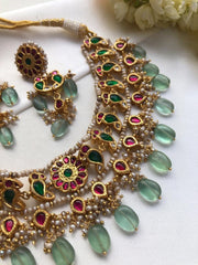 Kundan birds & green beads with antique style pearls necklace, SET-Silver Neckpiece-PL-House of Taamara