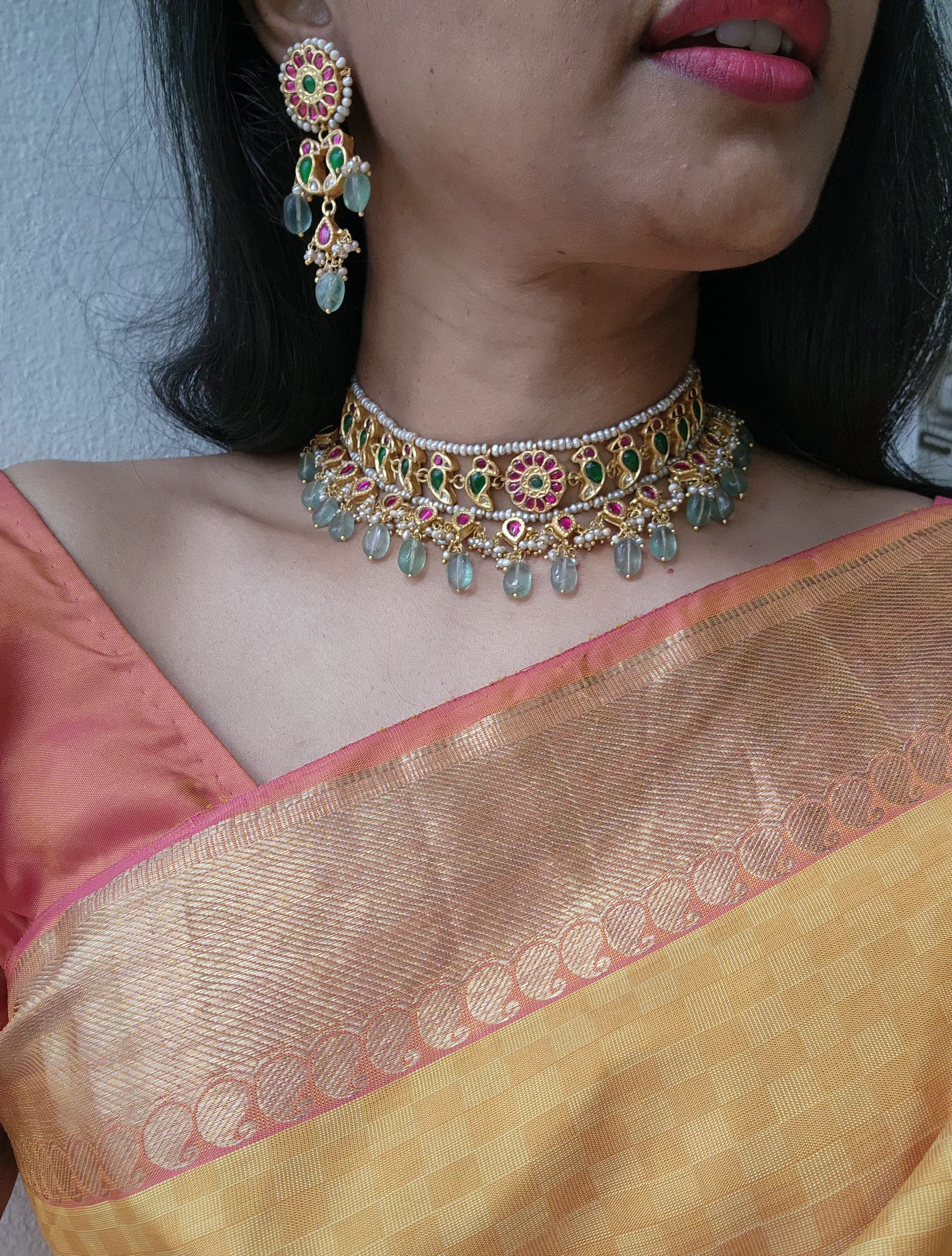 Kundan birds & green beads with antique style pearls necklace, SET-Silver Neckpiece-PL-House of Taamara