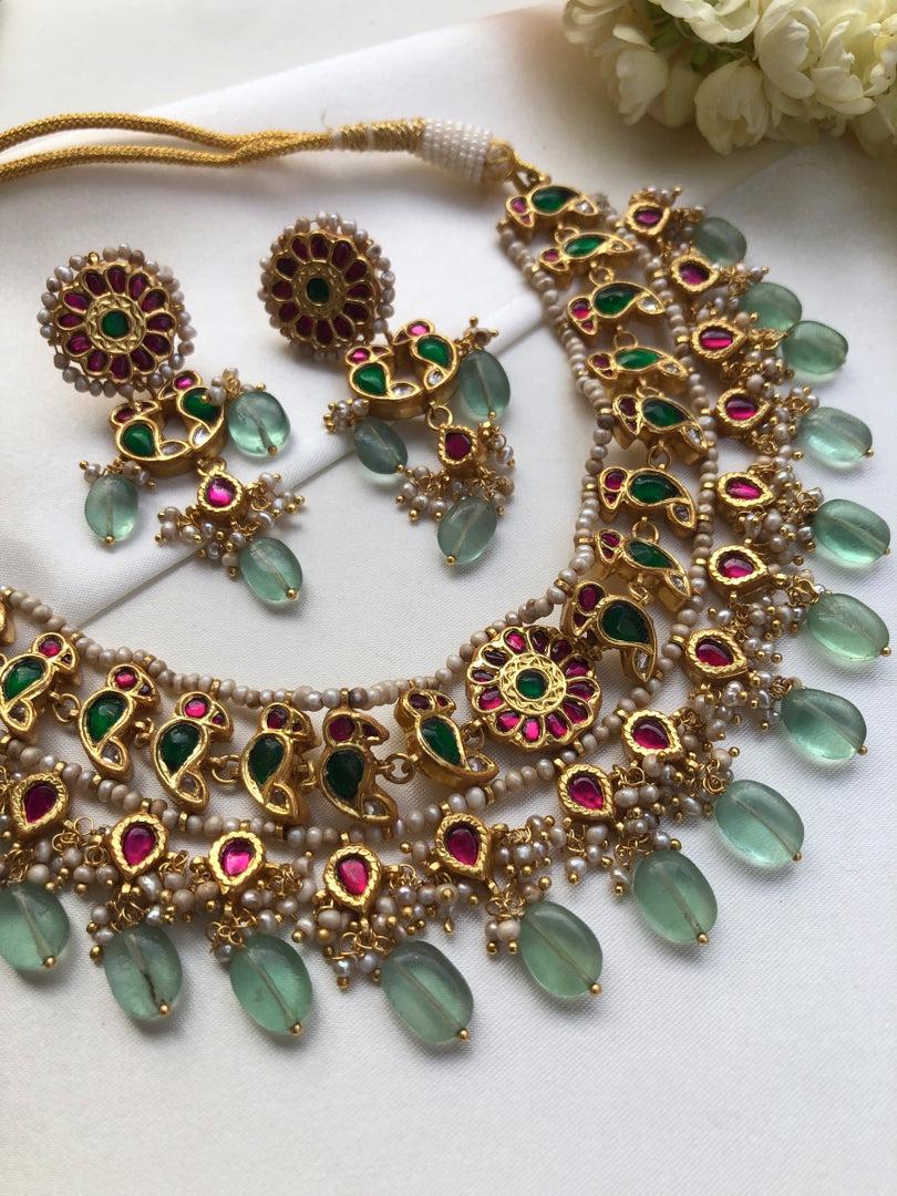 Kundan birds & green beads with antique style pearls necklace, SET-Silver Neckpiece-PL-House of Taamara