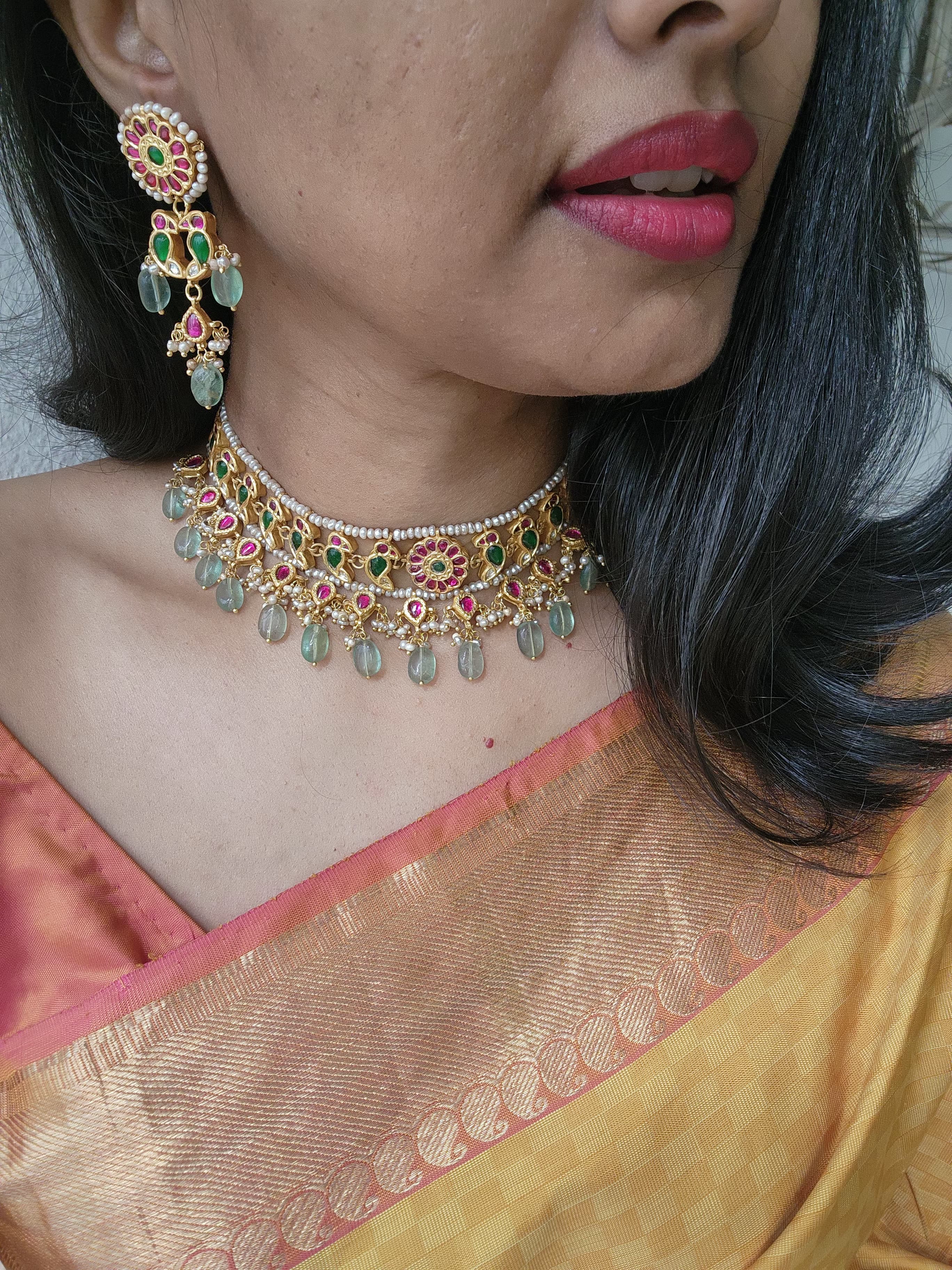 Kundan birds & green beads with antique style pearls necklace, SET-Silver Neckpiece-PL-House of Taamara