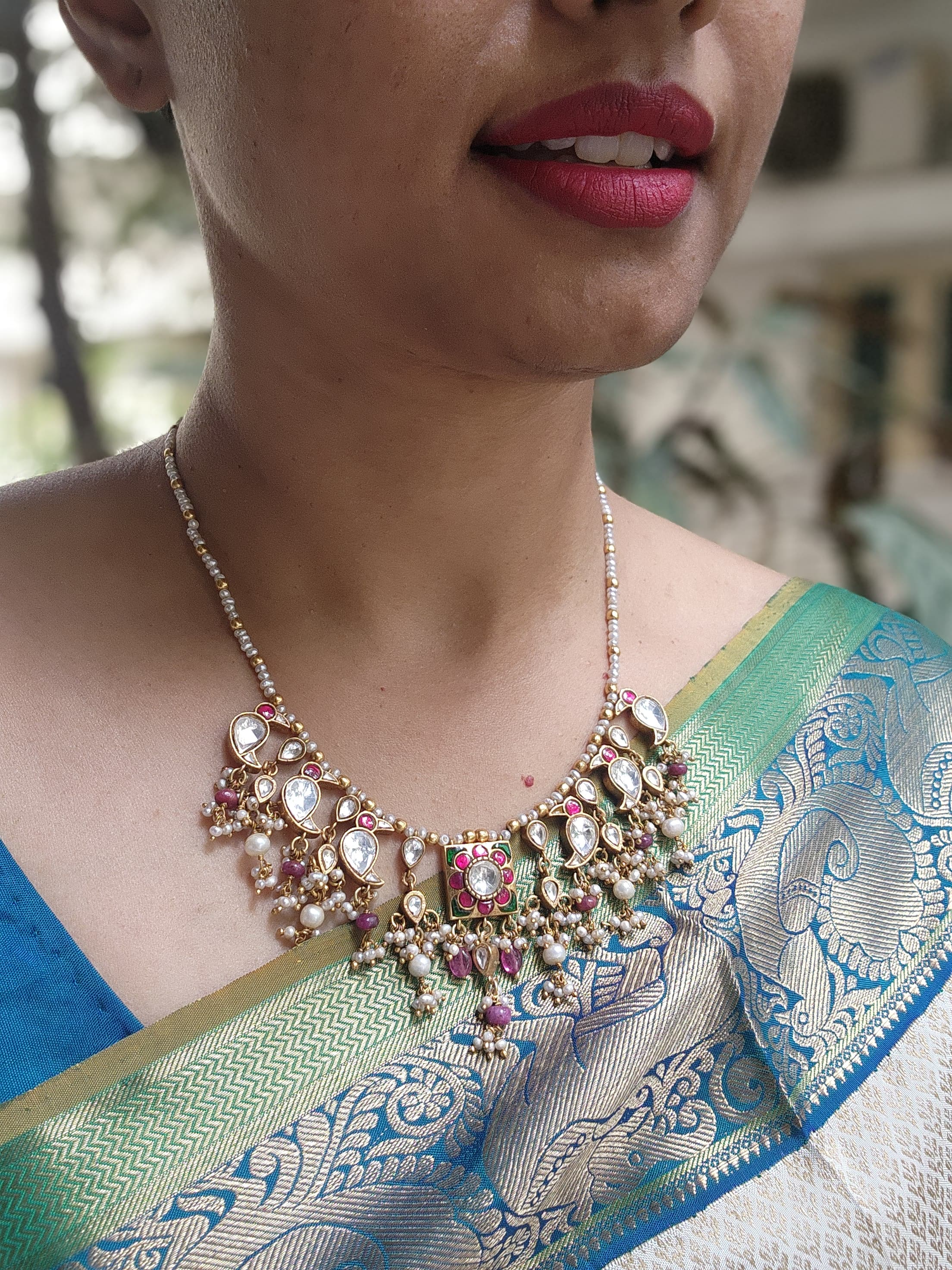 Kundan birds with pearls and gold beads necklace-Silver Neckpiece-PL-House of Taamara