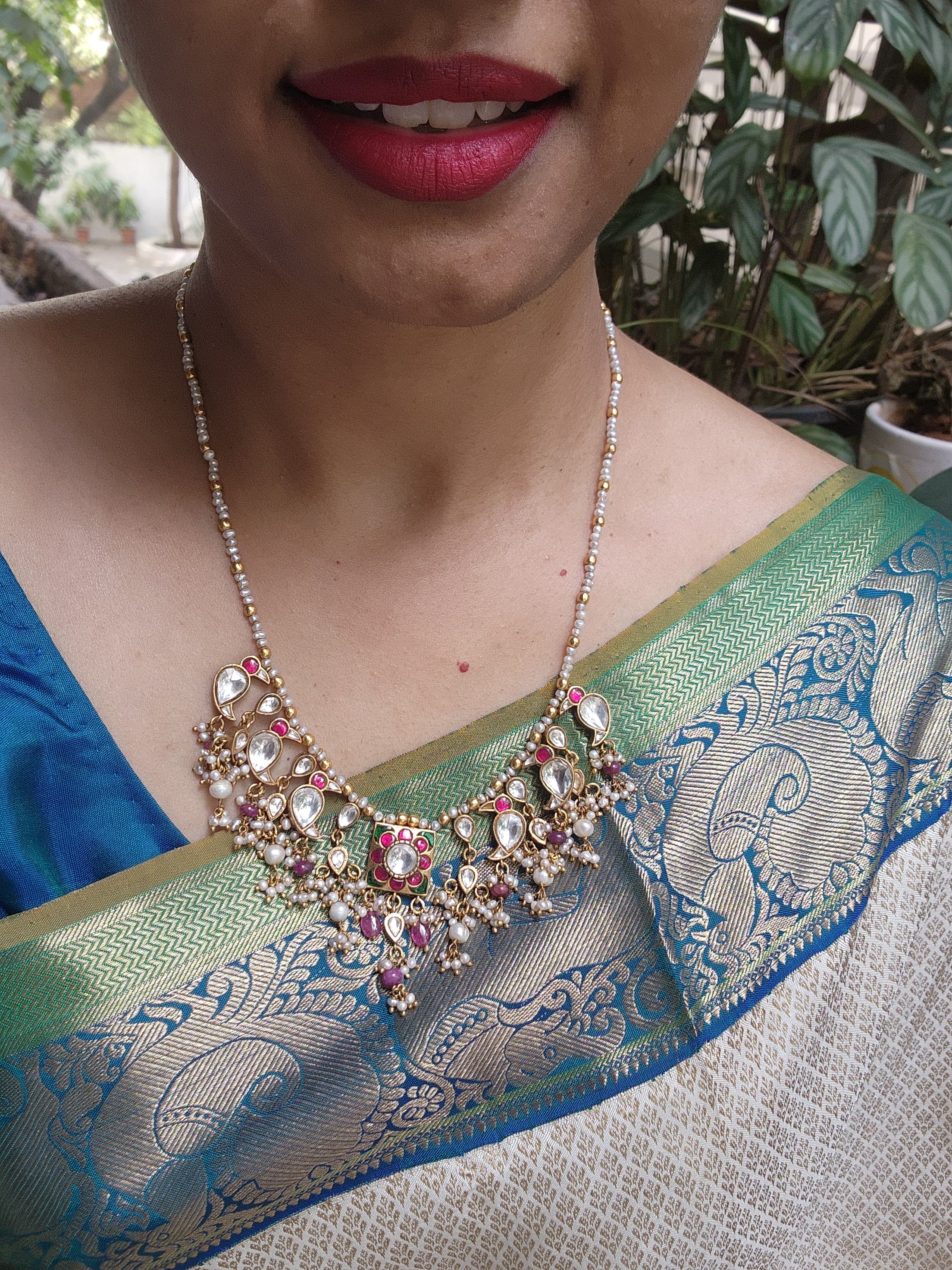 Kundan birds with pearls and gold beads necklace-Silver Neckpiece-PL-House of Taamara