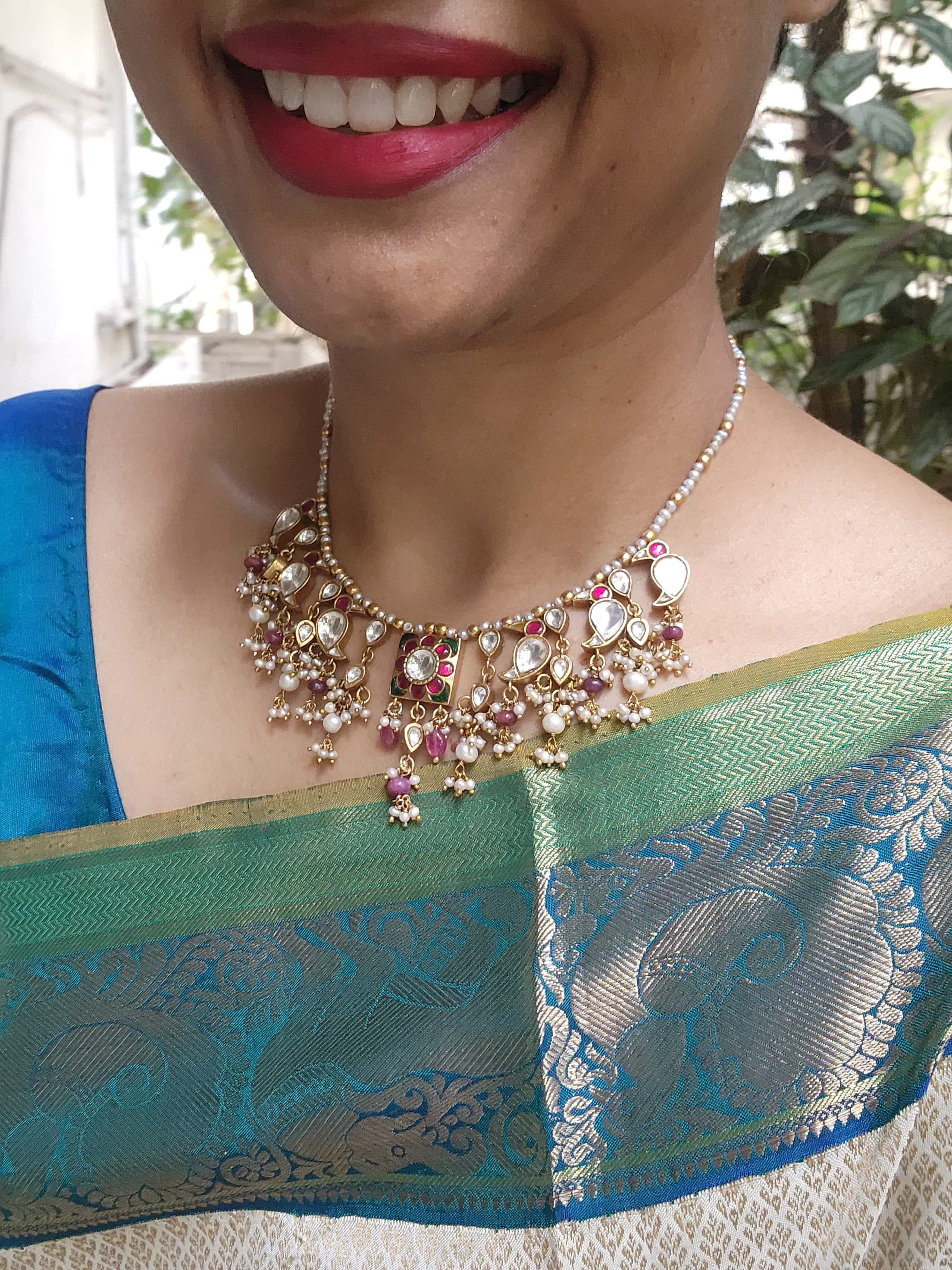 Kundan birds with pearls and gold beads necklace-Silver Neckpiece-PL-House of Taamara