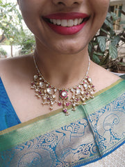 Kundan birds with pearls and gold beads necklace-Silver Neckpiece-PL-House of Taamara