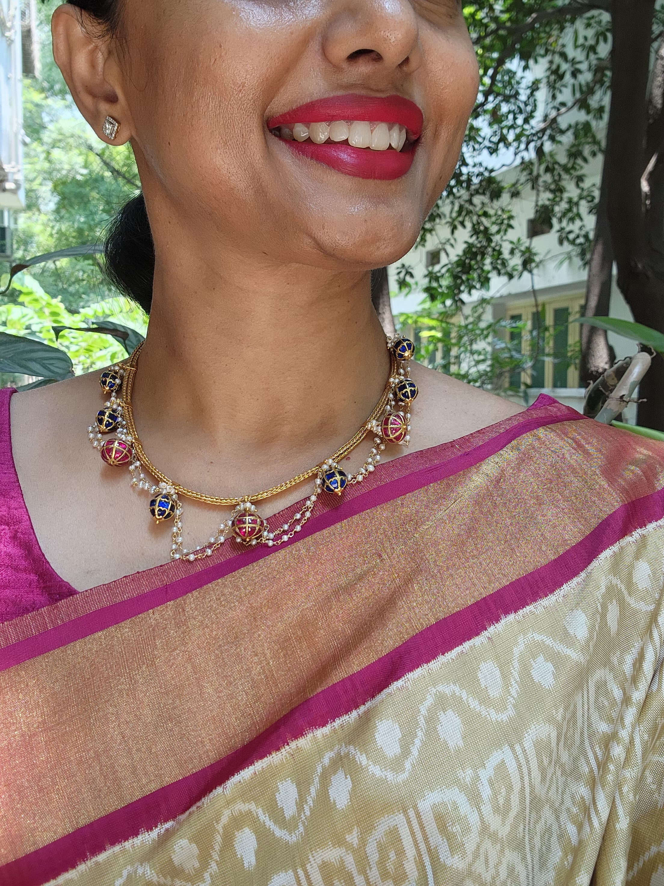 Kundan blue and ruby beads with pearls necklace-Silver Neckpiece-pl-House of Taamara