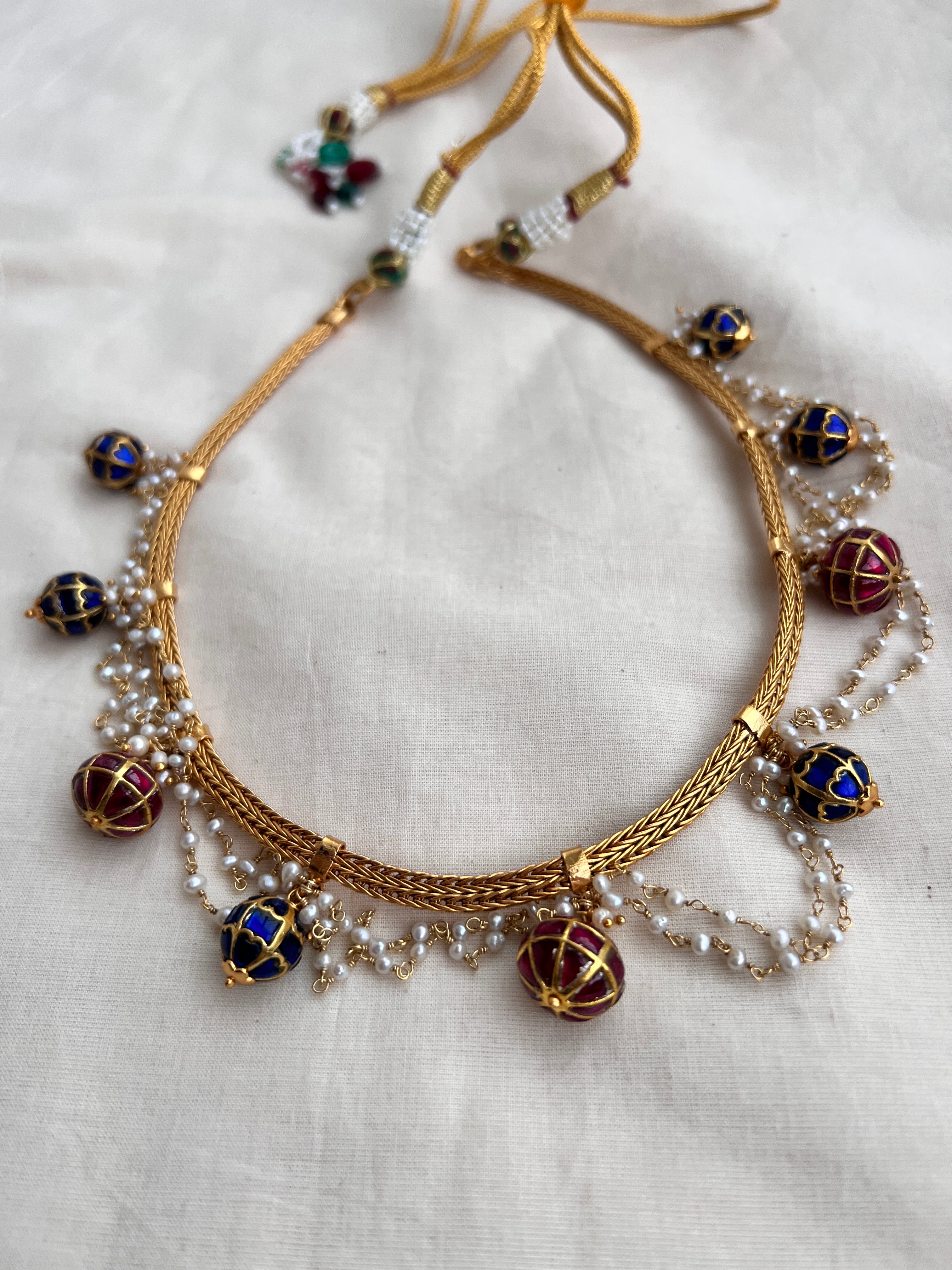 Kundan blue and ruby beads with pearls necklace-Silver Neckpiece-pl-House of Taamara