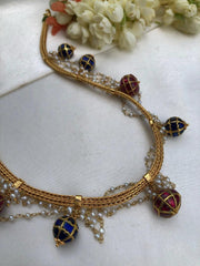 Kundan blue and ruby beads with pearls necklace-Silver Neckpiece-pl-House of Taamara