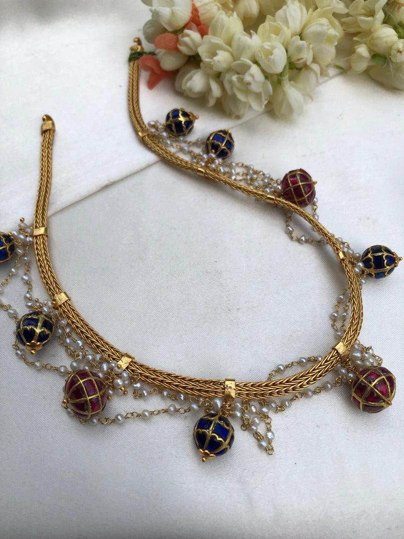 Kundan blue and ruby beads with pearls necklace-Silver Neckpiece-pl-House of Taamara
