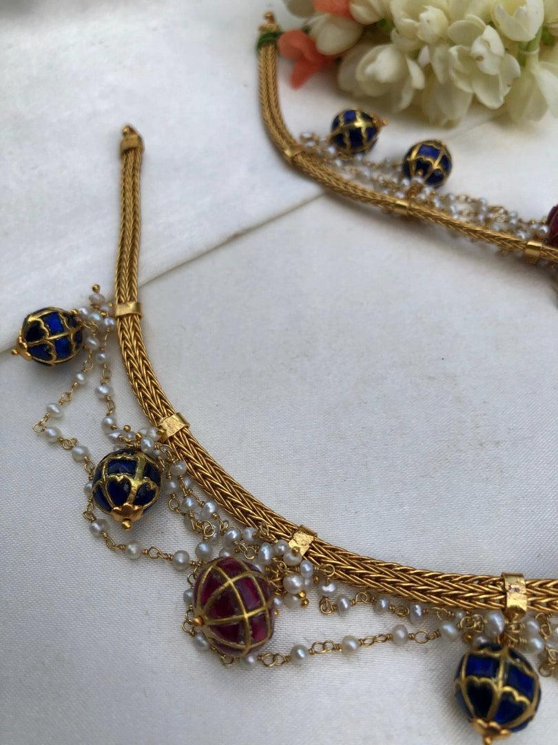 Kundan blue and ruby beads with pearls necklace-Silver Neckpiece-pl-House of Taamara