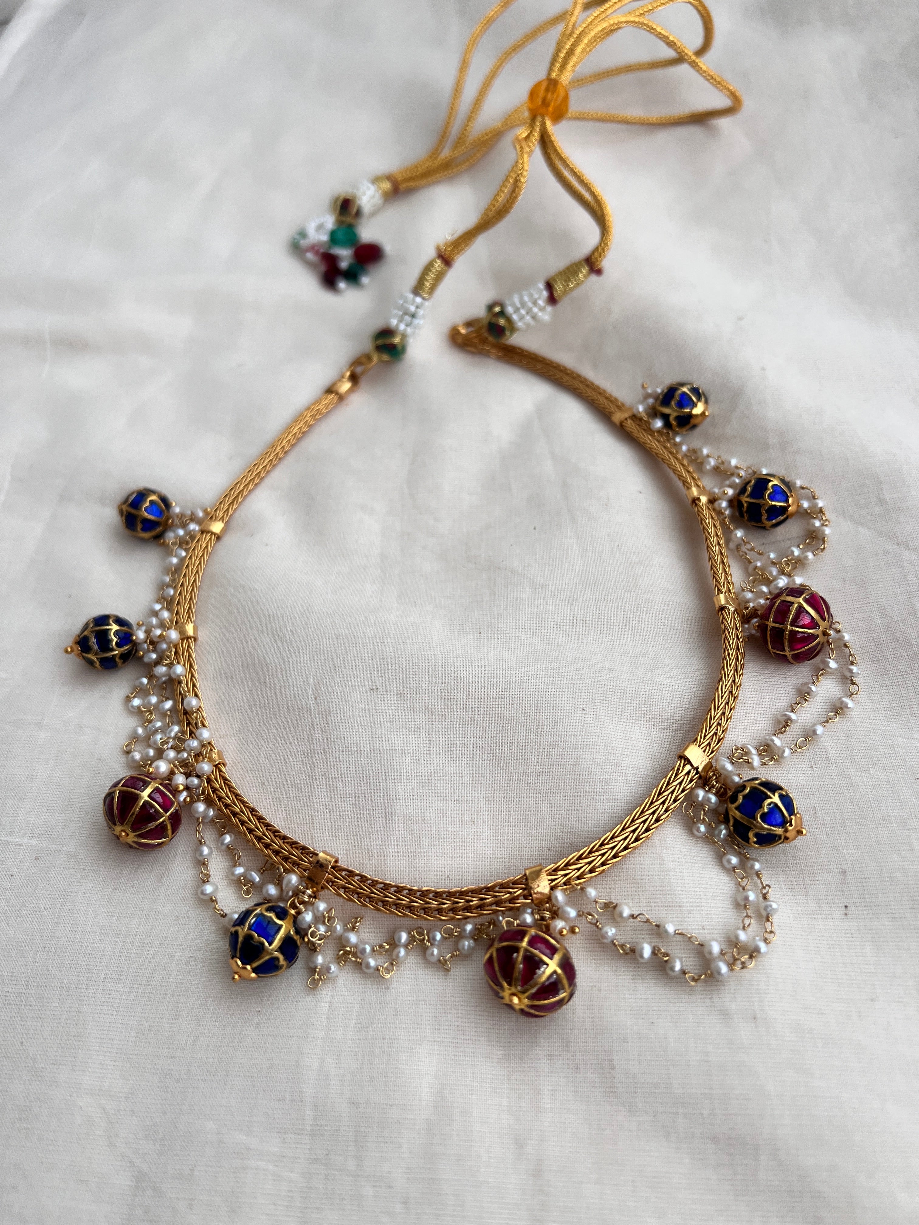 Kundan blue and ruby beads with pearls necklace-Silver Neckpiece-pl-House of Taamara