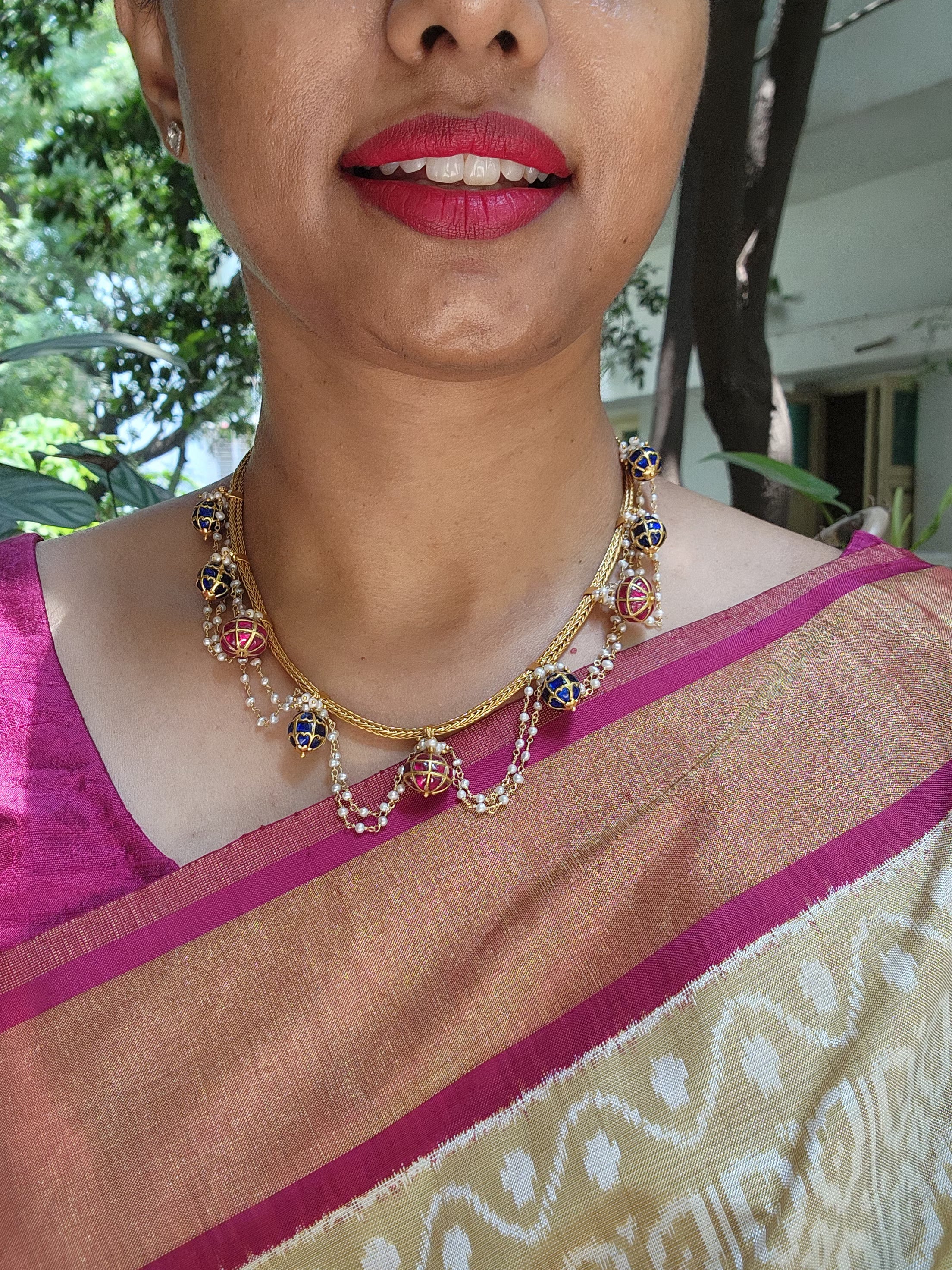 Kundan blue and ruby beads with pearls necklace-Silver Neckpiece-pl-House of Taamara
