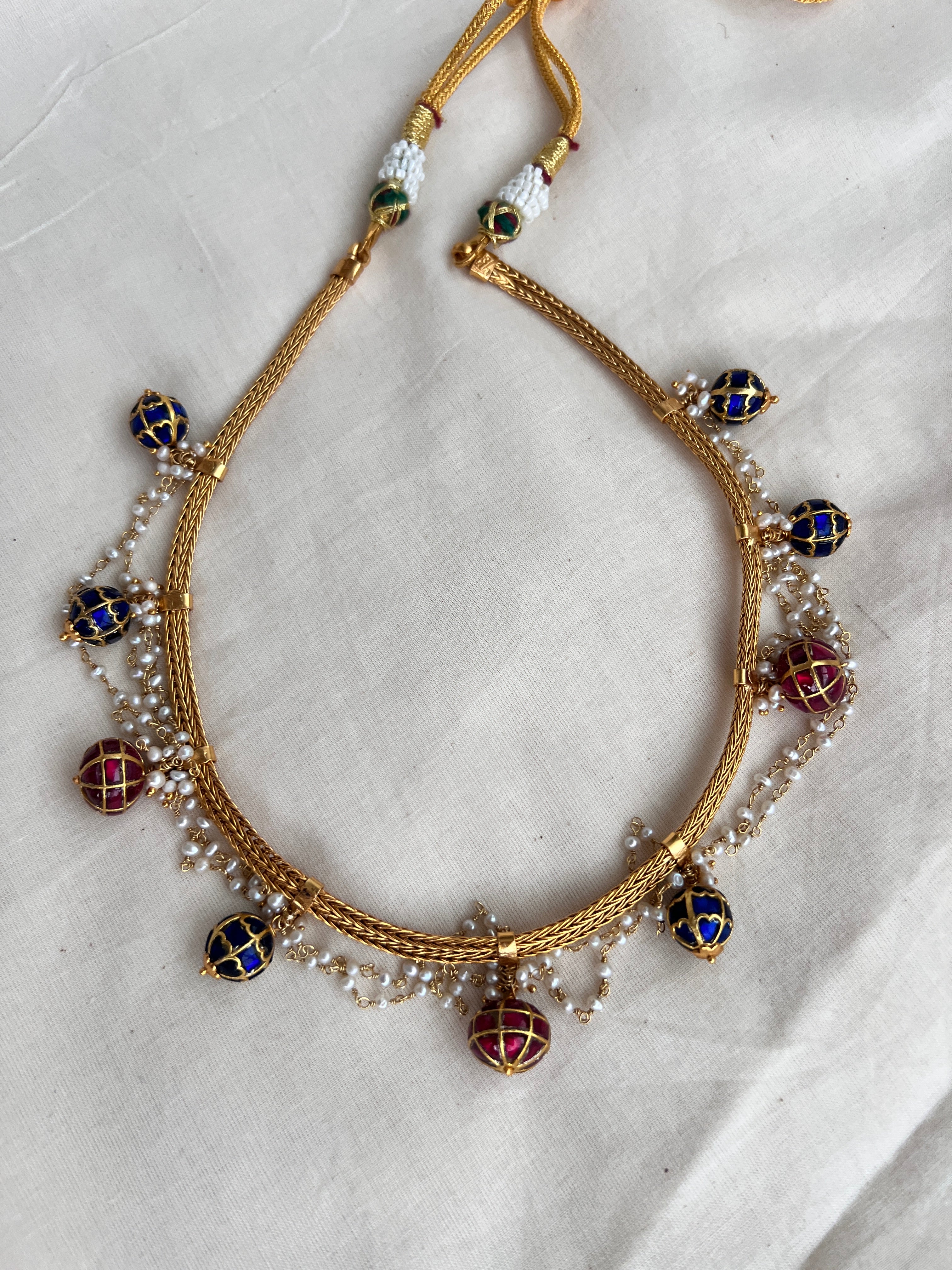 Kundan blue and ruby beads with pearls necklace-Silver Neckpiece-pl-House of Taamara