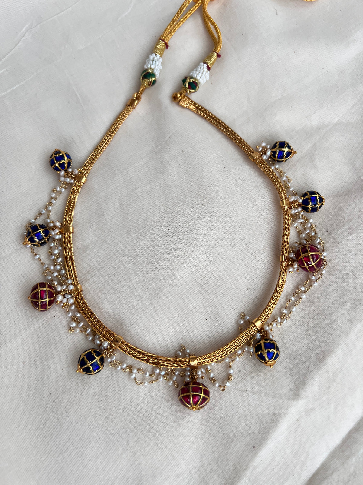 Kundan blue and ruby beads with pearls necklace-Silver Neckpiece-pl-House of Taamara