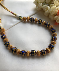 Kundan blue beads with antique style gold beads-Silver Neckpiece-PL-House of Taamara