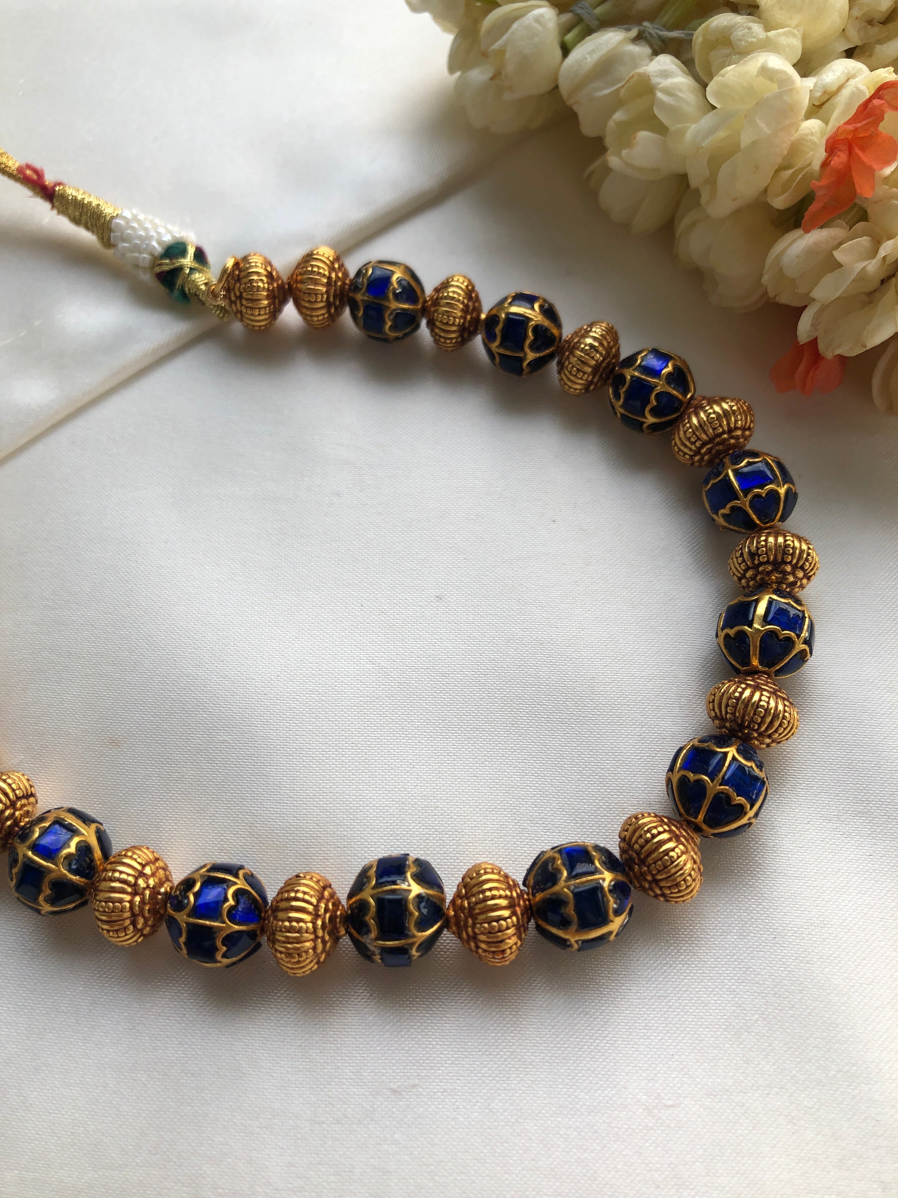 Kundan blue beads with antique style gold beads-Silver Neckpiece-PL-House of Taamara