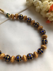Kundan blue beads with antique style gold beads-Silver Neckpiece-PL-House of Taamara