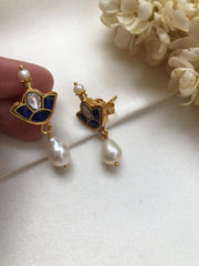 Kundan blue earrings with a pearl drop-Earrings-PL-House of Taamara