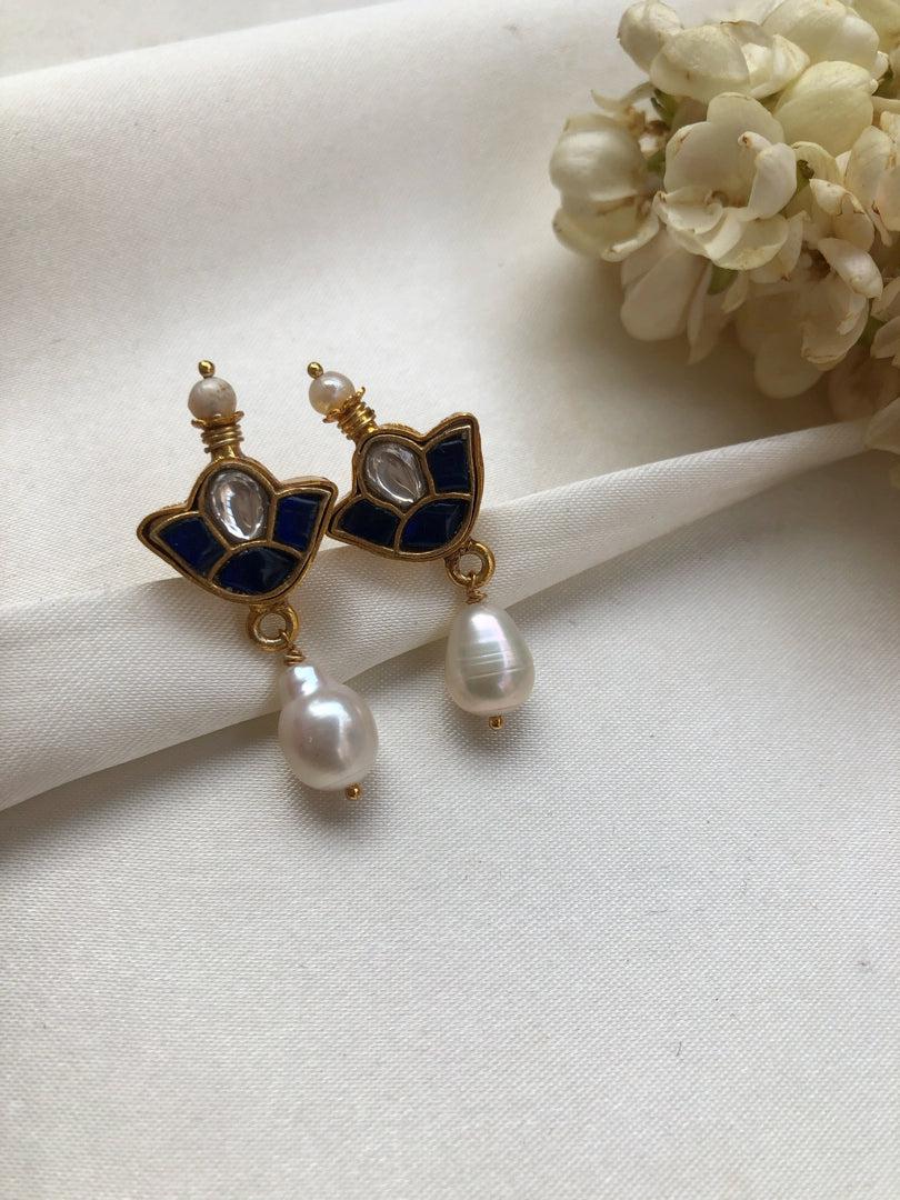 Kundan blue earrings with a pearl drop-Earrings-PL-House of Taamara