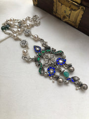 Kundan blue & green pendant with pearls chain-Silver Neckpiece-PL-House of Taamara