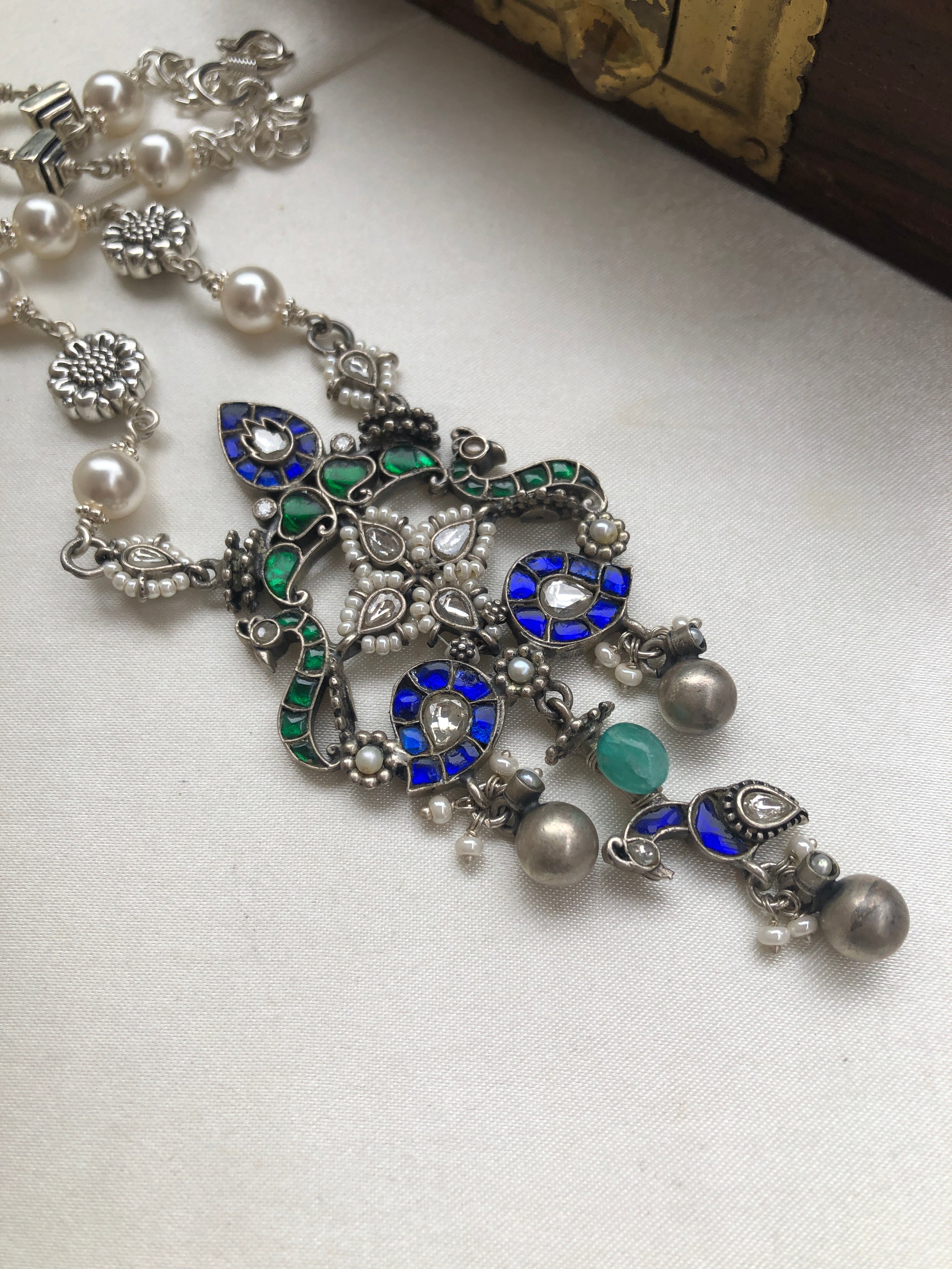 Kundan blue & green pendant with pearls chain-Silver Neckpiece-PL-House of Taamara