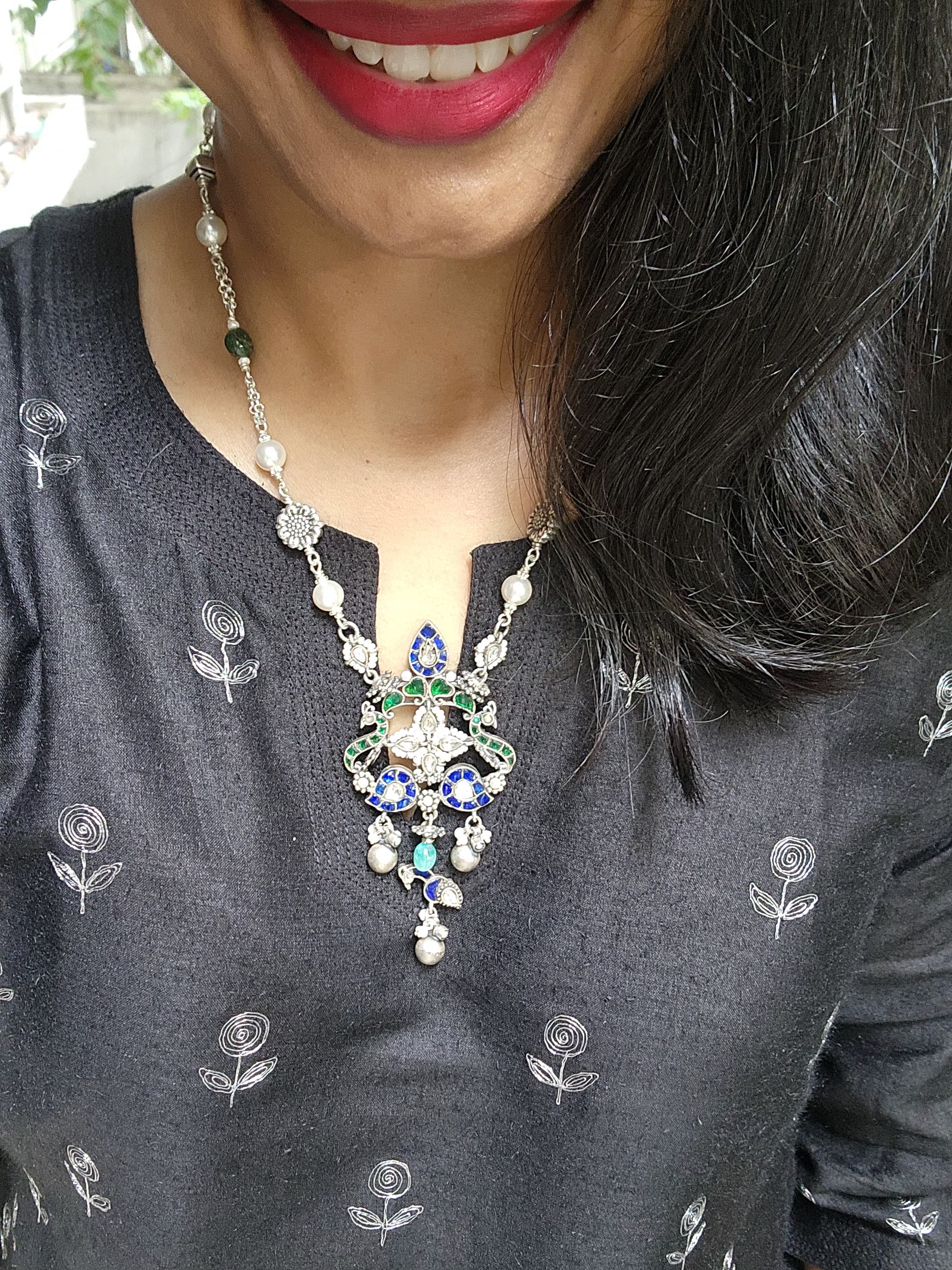 Kundan blue & green pendant with pearls chain-Silver Neckpiece-PL-House of Taamara