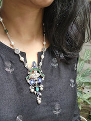 Kundan blue & green pendant with pearls chain-Silver Neckpiece-PL-House of Taamara