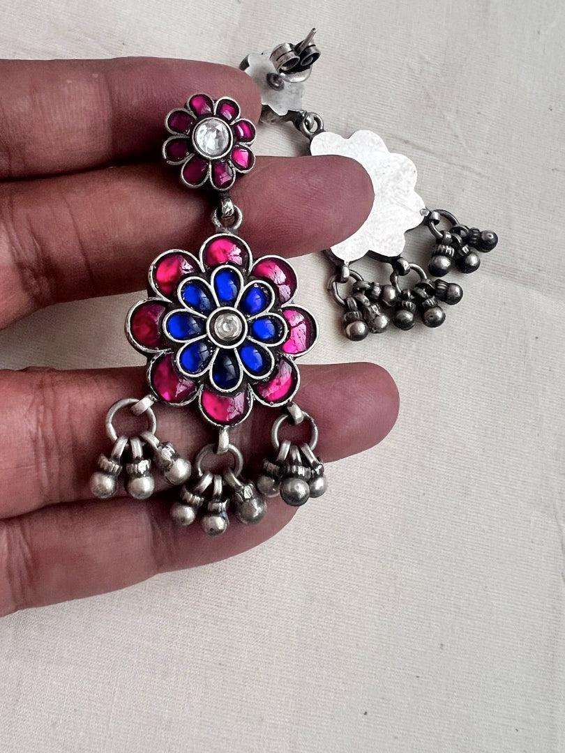 Kundan blue & pink stone earrings with silver gundu beads-Earrings-CI-House of Taamara