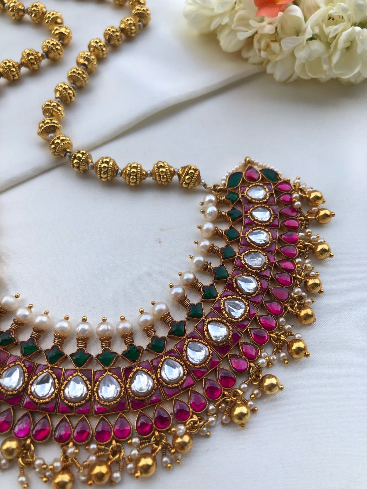 Kundan centre long pendant with antique beads-Silver Neckpiece-PL-House of Taamara