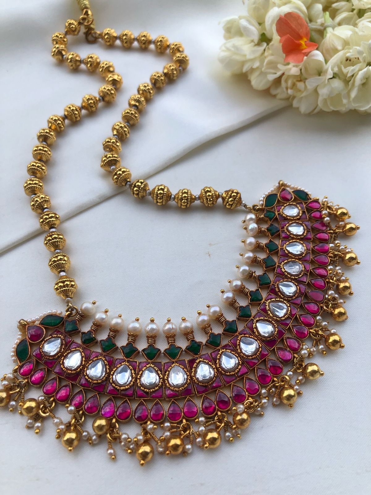 Kundan centre long pendant with antique beads-Silver Neckpiece-PL-House of Taamara