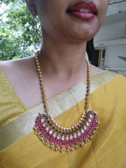 Kundan centre long pendant with antique beads-Silver Neckpiece-PL-House of Taamara