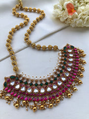 Kundan centre long pendant with antique beads-Silver Neckpiece-PL-House of Taamara