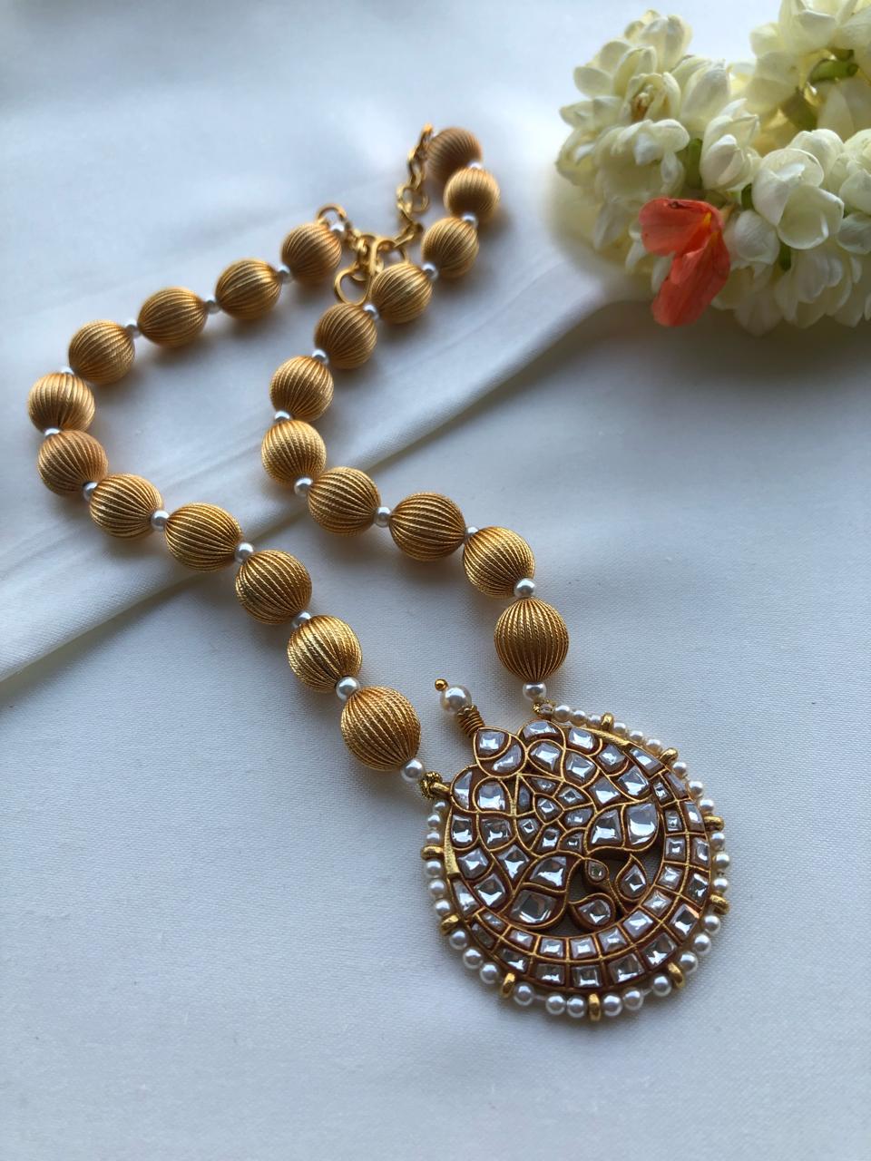 Kundan chaand necklace with antique beads necklace-Silver Neckpiece-PL-House of Taamara