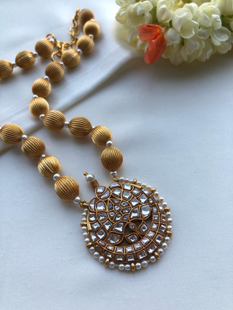 Kundan chaand necklace with antique beads necklace-Silver Neckpiece-PL-House of Taamara