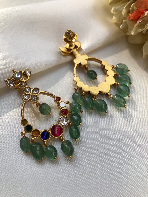 Kundan chand earrings with navratan and green beads-Earrings-PL-House of Taamara