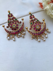 Kundan chand earrings with oval pearls-Earrings-PL-House of Taamara