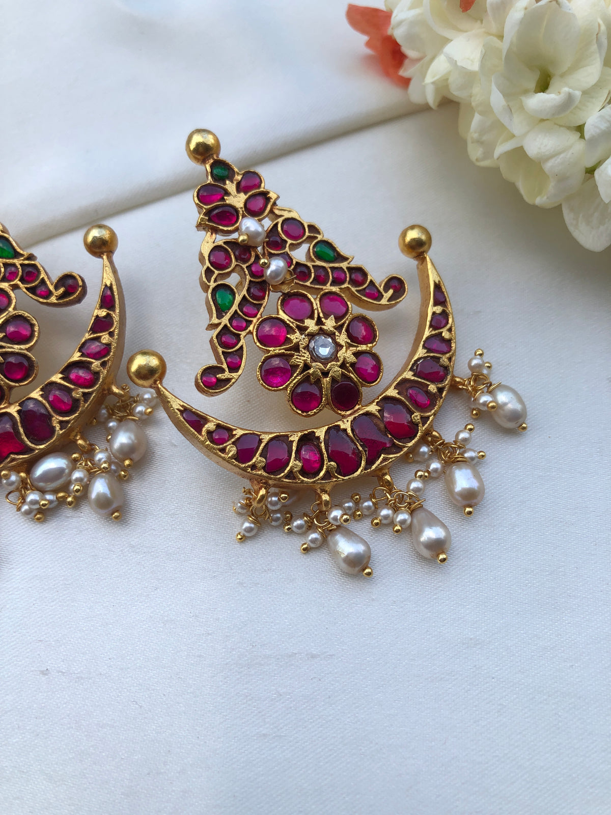 Kundan chand earrings with oval pearls-Earrings-PL-House of Taamara